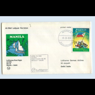 W9V62/ Ersttagsbrief Lufthansa LH645 DC 10 Manila - Dehli 1982