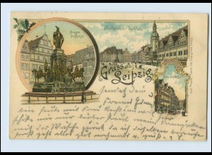 N2218-04./ Gruß aus Leipzig Grimmaische Straße Marktplatz Rathaus Litho AK 1898