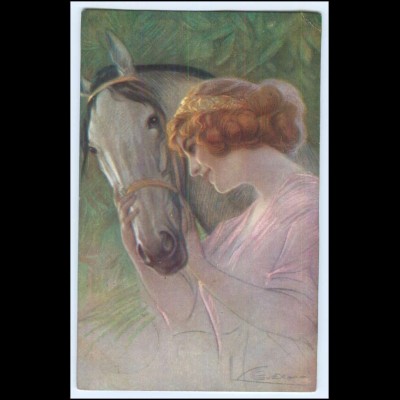 Y1047/ Junge Frau mit Pferd schöne Künstler AK 1914