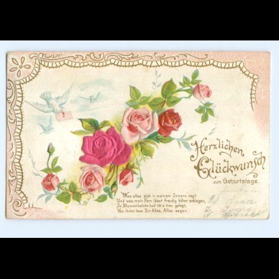 Y6339/ Geburtstag - Blüten aus Seide Litho Prägedruck 1907