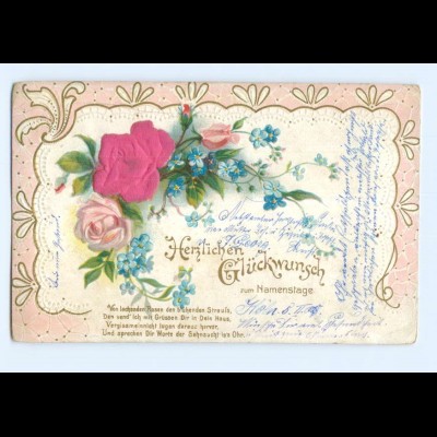 Y6350/ Namenstag, Rosen - Blüten aus Seide Litho Prägedruck 1905