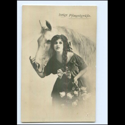 U3332/ Frau mit Pferd Pfingstgrüße Foto AK 1925