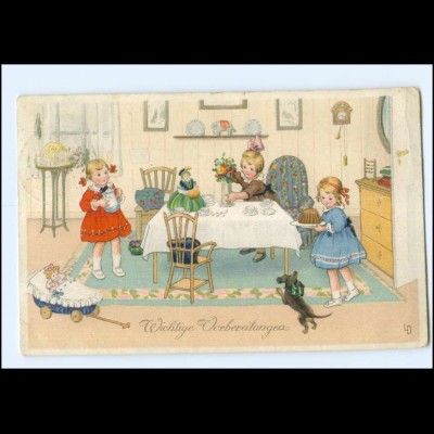 XX002839/ Künstler AK sign: LD, Kinder, Dackel , Puppen, Kuchen Litho 1920