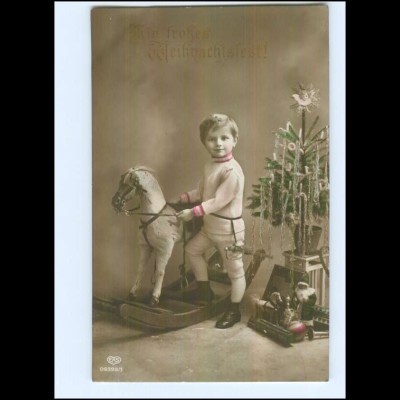 U6572/ Weihnachten Junge mit Schaukelpferd, Spielzeug Foto AK 1914 