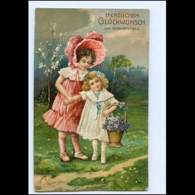 XX006628/ Geburtstag Mädchen mit Blumenkorb 1909 Litho Prägedruck AK