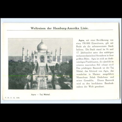XX10187/ Agra - Taj Mahal Indien Dampfer Cleveland Hamburg Amerika-Linie AK 1912