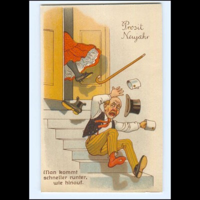 XX009210/ Neujahr Mann stürzt die Treppe hinunter Humor Litho Ak ca.1910