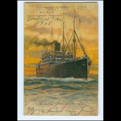 V1157/ Hamburg-Amerika-Linie Dampfer Litho AK + Seepost Hamburg-New York 1908