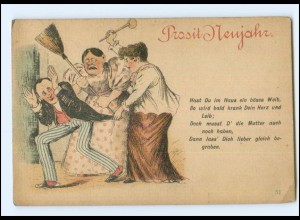 Y24435/ Prosit Neujahr Frauen verhauen Mann Humor Litho AK ca.1890 Vorläufer
