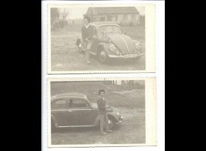 XX17055/ 2 x Foto AK junge Frau mit VW Käfer 60er Jahre