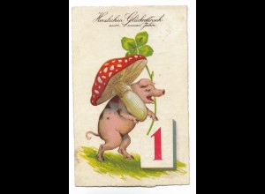 MM541/ Neujahr Schwein mit Pilz Litho AK 1934