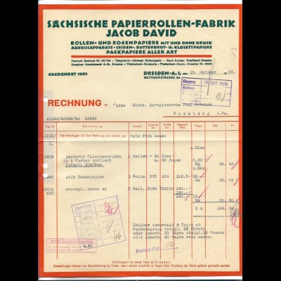 C5144/ Rechnung Jacob David, Sächs. Papierrollen-Fabrik , Dresden 1936