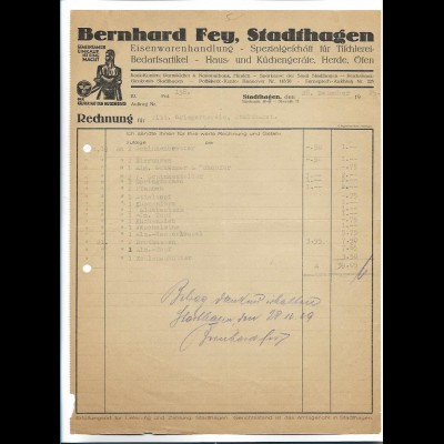 C5131/ Rechnung Bernhard Fey, Stadthagen Eisenwarengroßhandlung 1929