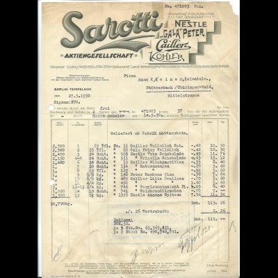C5130/ Rechnung Sarotti AG Nestle, Caillier, Kohler Berlin Tempelhof 1930