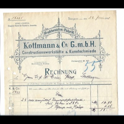 C5129/ Rechnung Kottmann & Co. Kunstschmiede in Siegen 1908