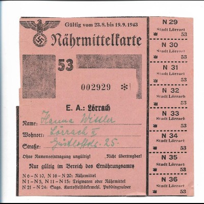 Y26853/ Nährmittelkarte E.A. Lörrach 1943