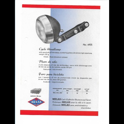 C4041/ MELAS Fahrrad Scheinwerfer altes Werbeblatt 20,5 x 14,5 cm Reklame