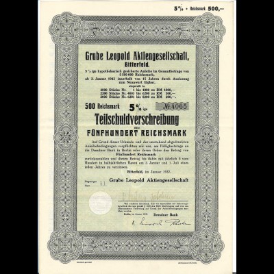 C4227/ Grube Leopold AG Bitterfeld Teilschuldverschreibung 1937 Bergbau 