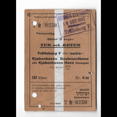 Y27921/ Fahrschein Fahrkarte Trälleborg - Kjobenhavns 1930