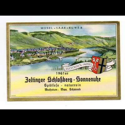 W9H37/ Weinetikette Zeltinger Schloßberg-Sonnenuhr 1961 Mosel-Saar-Ruwer