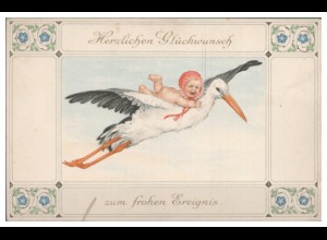 TT0231/ Geburt Storch und Baby Glückwunschkarte Litho ca.1905