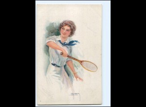 V2139/ Usabal Künstler AK Frau spielt Tennis 1918