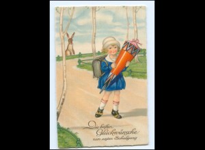 V3181/ Einschulung Mädchen mit Schultüte Litho AK 1934 Schule