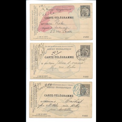 Y21983/ 3 x Carte -Telegramme Paris Frankreich 1884/85 Ganzsache
