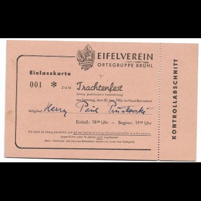 Y22918/ Eifelverein Ortsgruppe Brühl Trachtenfest 1954 Eintrittskarte 