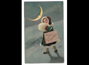 Y23352/ Neujahr Mädchen Mondsichel Litho Präge AK 1905