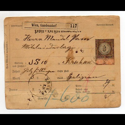 C2401/ Post-Begleitadresse ( Paketkarte ) Wien Gaudenzdorf 1889