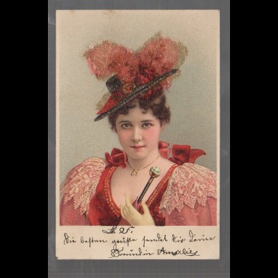 Y9738/ JUnge Frau mit Hute schöne Litho Glimmer AK ca.1900 