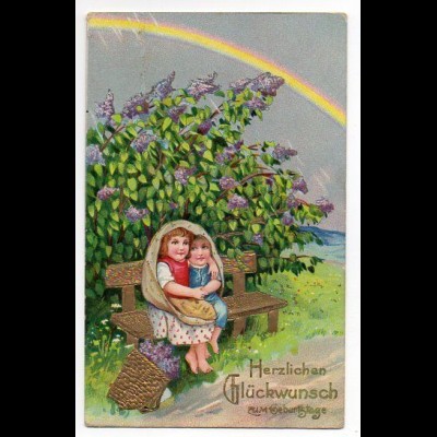 W8U60/ Geburtstag Kinder im Regen Regenbogen Litho Glanz AK ca.1910